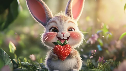 Happy Rabbit Holding Strawberry