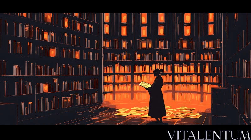 Silhouette in Library, Reading a Book AI Image