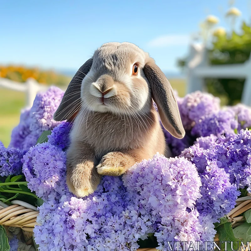 Rabbit in Basket with Purple Flowers AI Image