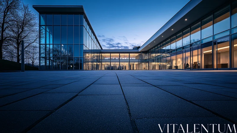 Contemporary Building with Glass Facade at Nightfall AI Image