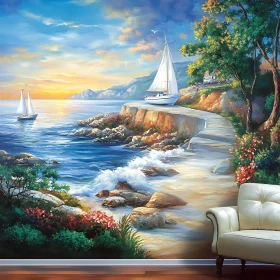 Coastal Sailboats at Sunset