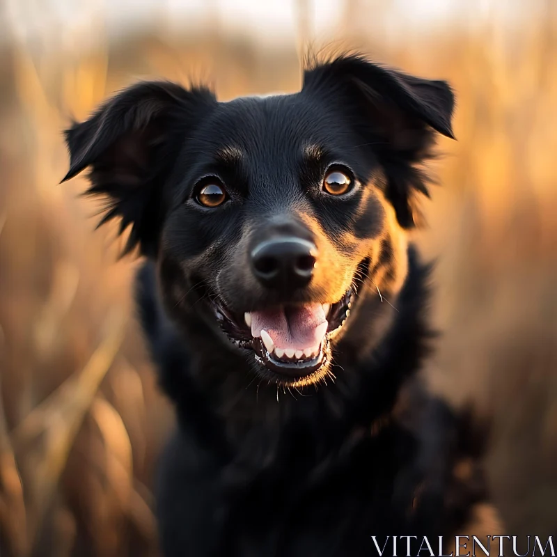 AI ART Happy Black Dog in Golden Sunlight Field