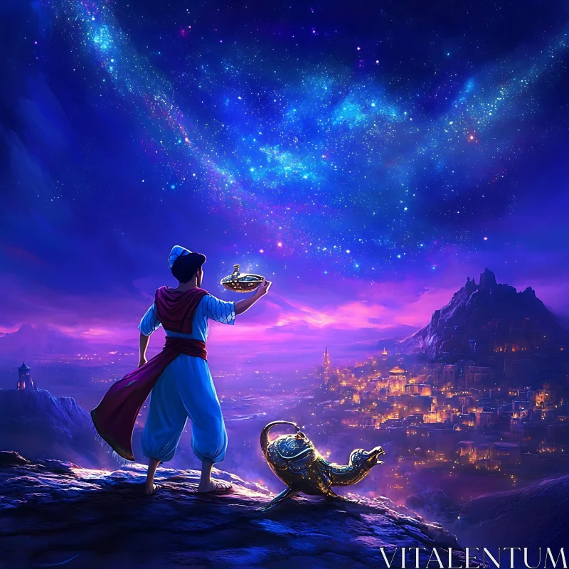 Magical Night with Aladdin and Lamp AI Image