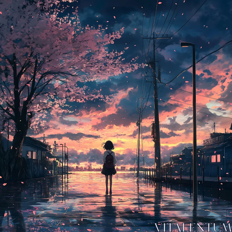 Serene Anime Sunset with Cherry Blossoms AI Image