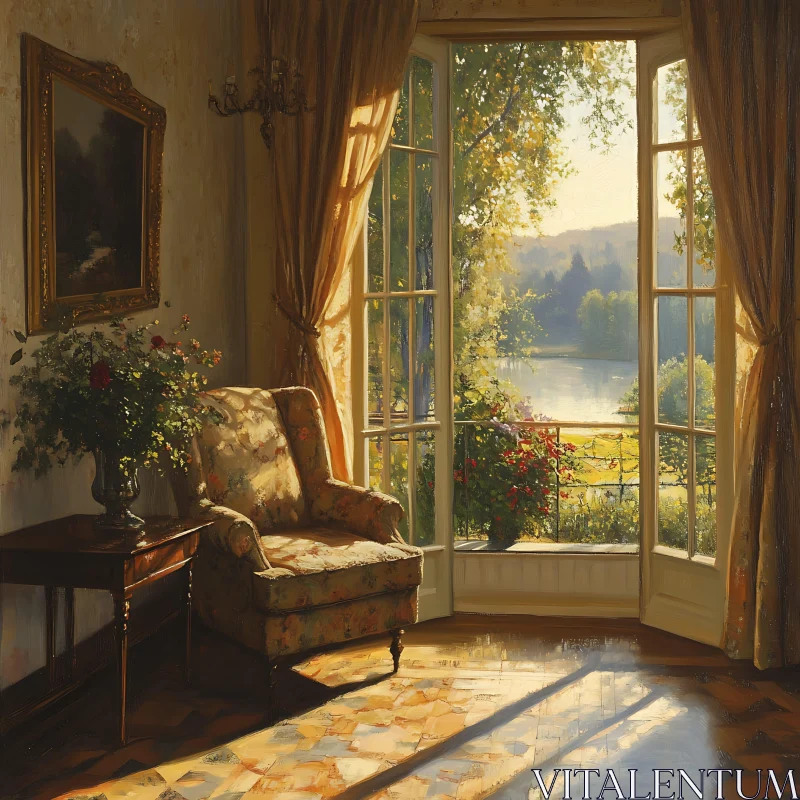 AI ART Sunlit Room with Lakeside Vista