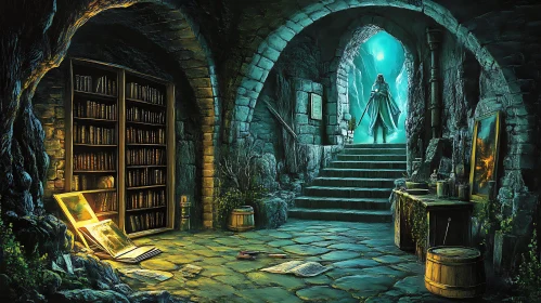 Mystical Library with Figure in Light