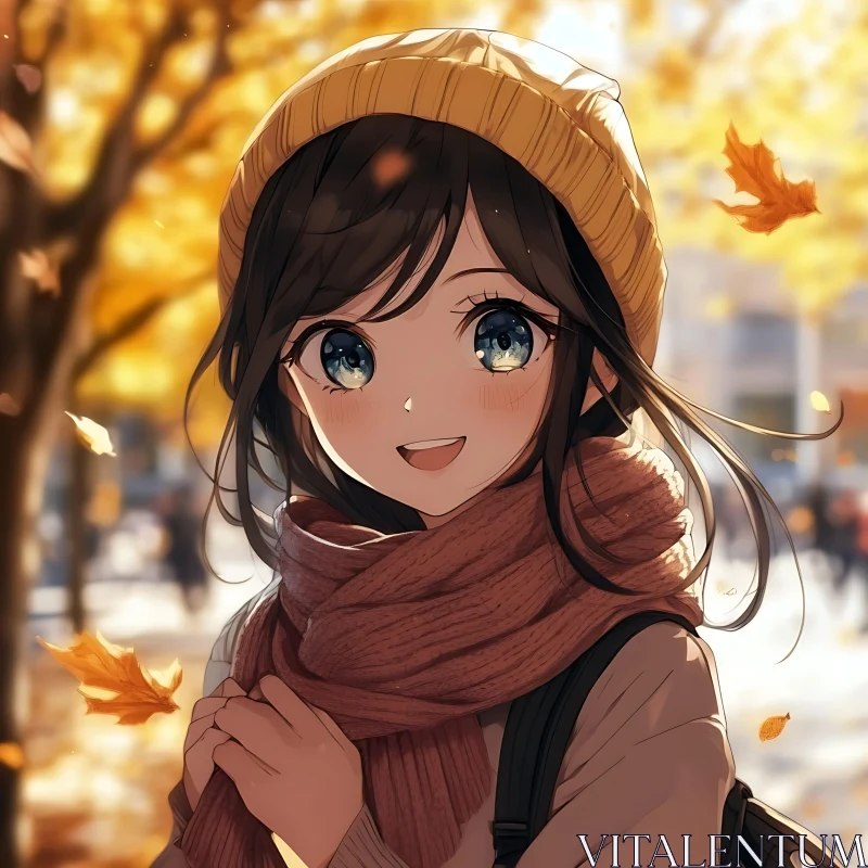 Happy Anime Girl with Fall Leaves AI Image