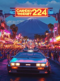 Neon City Festival with Futuristic Car and Mountain