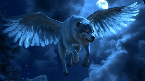 Fantasy Winged Wolf in Night Sky