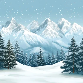 Snowy Mountain Landscape with Evergreen Trees