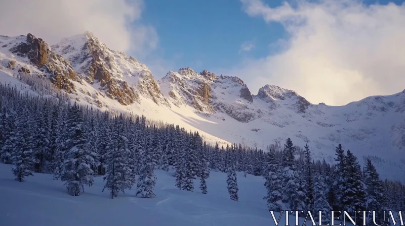 Snowy Mountain Vista with Pine Trees AI Image