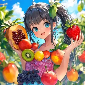 Cheerful Anime Girl Holding Fresh Fruits