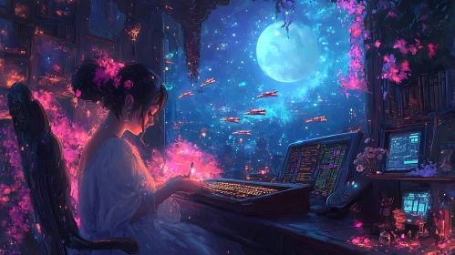 Anime Girl Working at Night