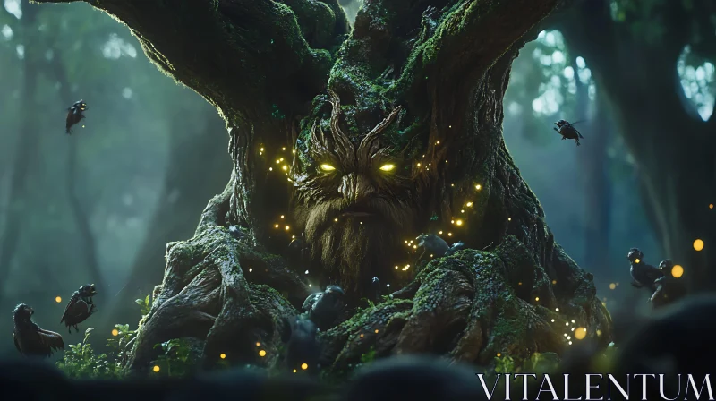 Ancient Tree Spirit in Mystical Forest AI Image