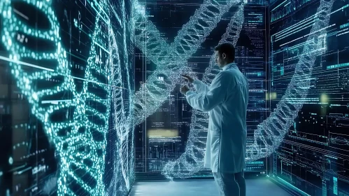 Scientist Analyzing Holographic DNA Structure