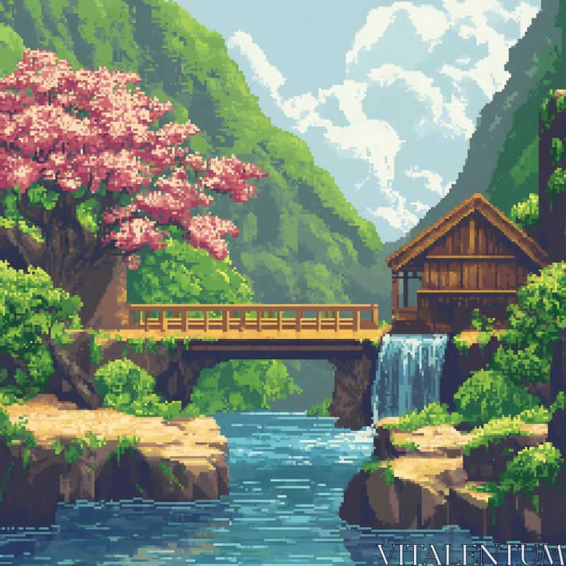 AI ART Serene Pixel Art Scene: Cottage and Cherry Blossoms