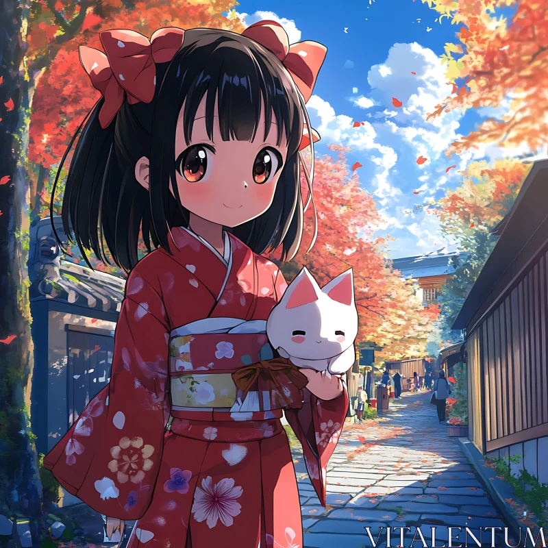 Young Anime Girl in Autumn Kimono AI Image