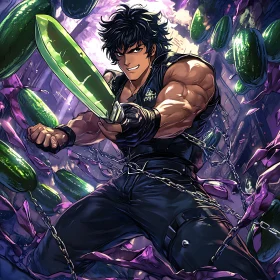 Anime Fighter Holding Green Sword with Chains