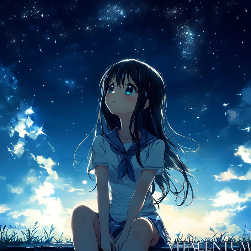 Contemplative Anime Girl Under Stars AI Image