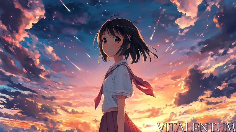 Celestial Sunset with Anime Girl AI Image