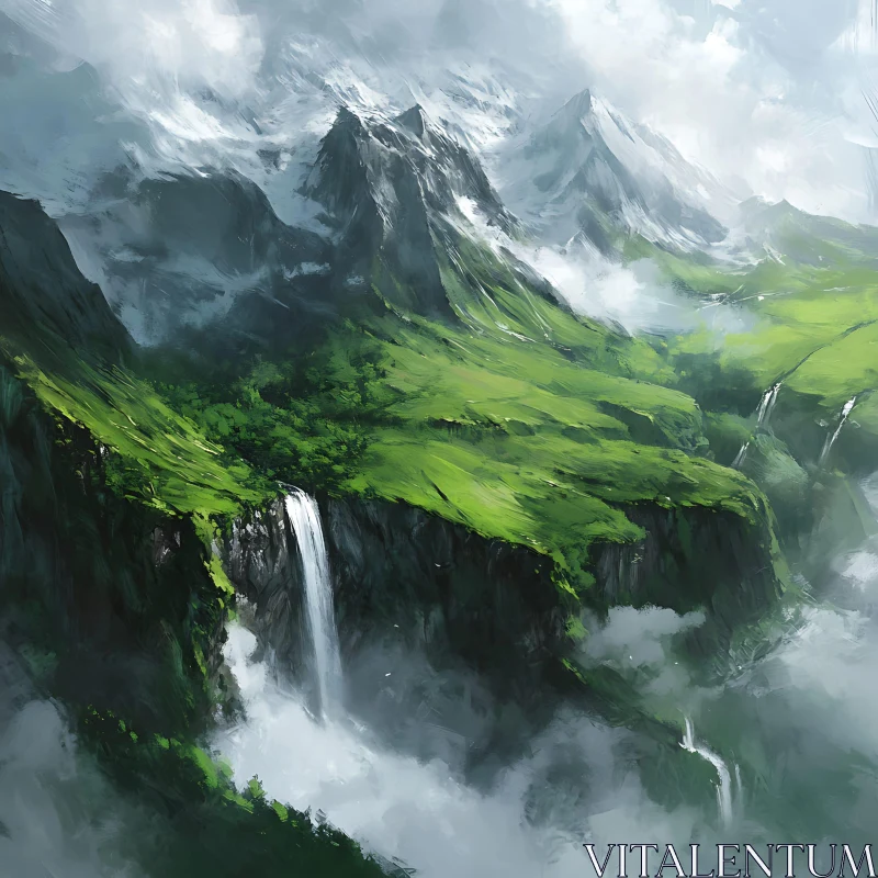 AI ART Lush Green Mountains and Waterfalls