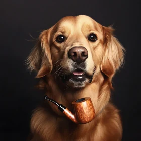 Golden Retriever Holding a Wooden Pipe