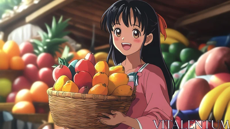 Anime Girl Holding Fruit Basket at Vibrant Market Stall AI Image