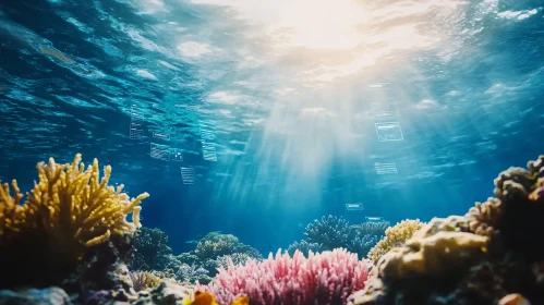 Sunlit Coral Reef with Digital Screens