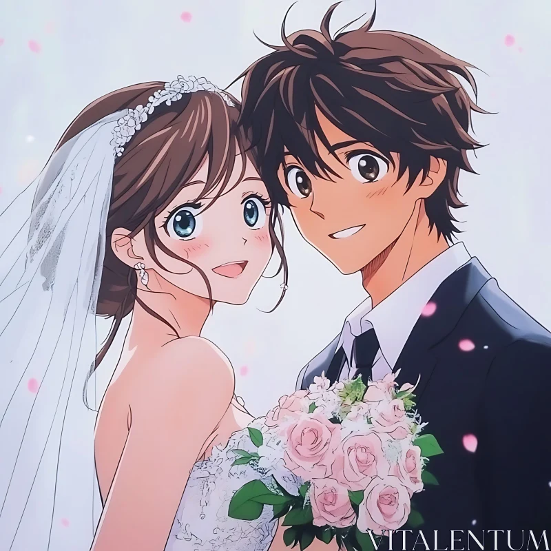 Anime Newlyweds with Pink Roses AI Image