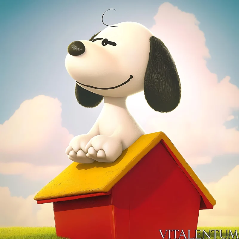 Cartoon Dog on Doghouse Against Cloudy Sky AI Image