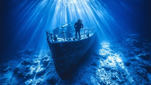 Underwater Shipwreck Scene with Diver