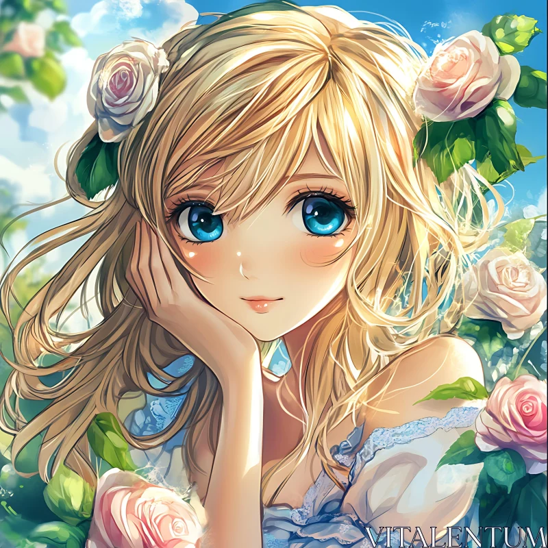 Blonde Anime Girl with Roses AI Image