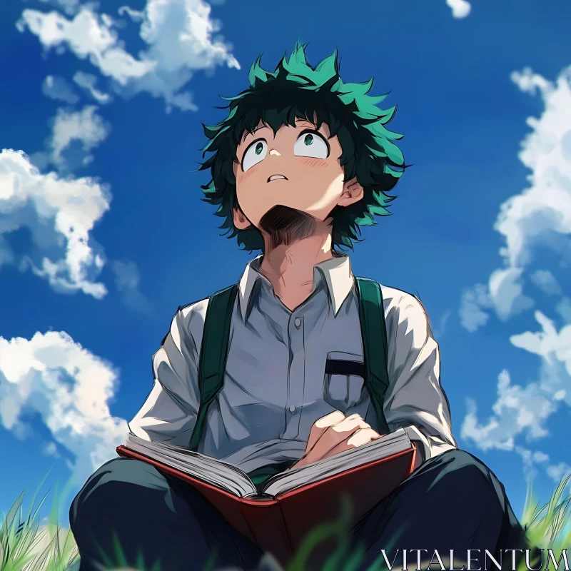 Character Gazing at Sky While Reading AI Image