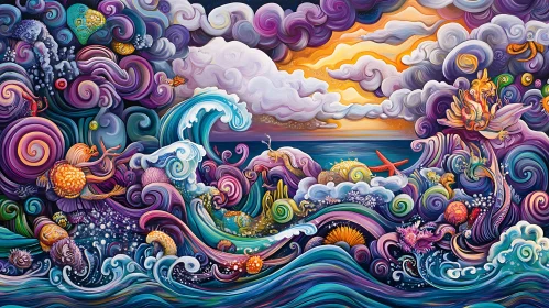 Colorful Seascape with Fantasy Marine Life