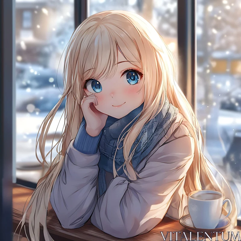 Anime Girl with Blue Eyes in Cozy Winter Scene AI Image