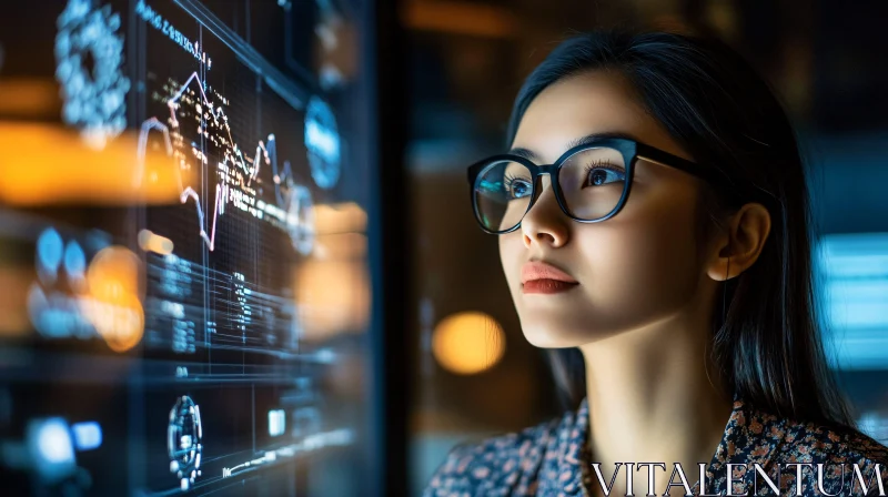 Woman with Glasses and Data Screen AI Image