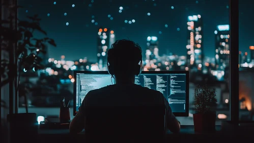 Programmer at Night with City View