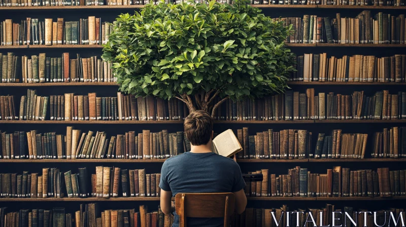 AI ART Bookshelf with Tree and a Reader