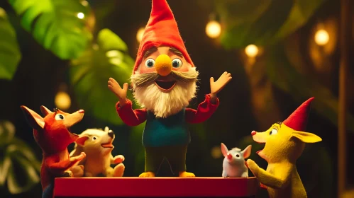 Playful Gnome with Toy Animal Friends