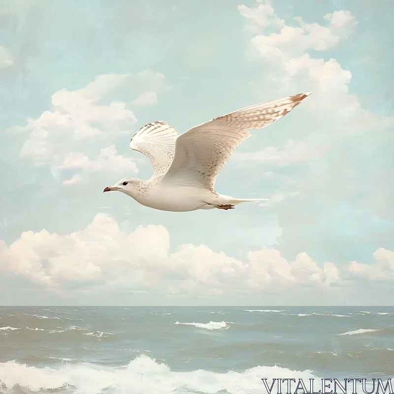 White Seagull in Flight over Blue Sea AI Image