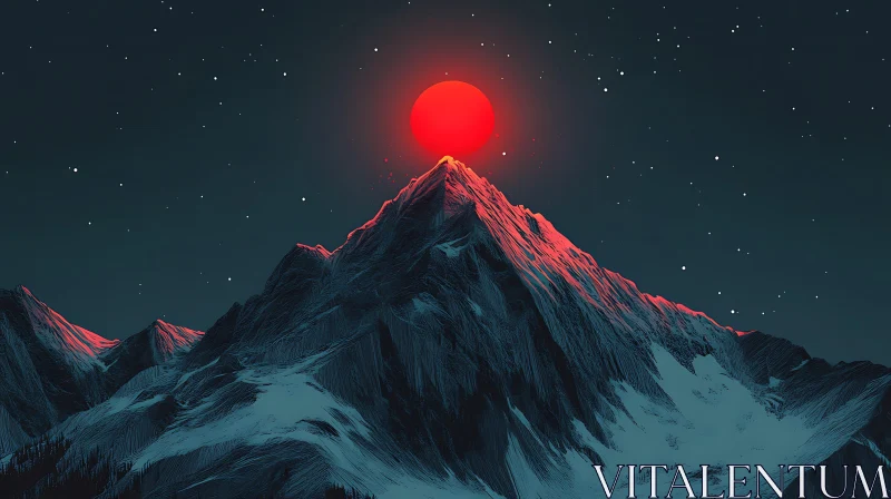 AI ART Mountain Range Under Red Sun