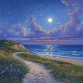 Moonlit Coastal Path at Night