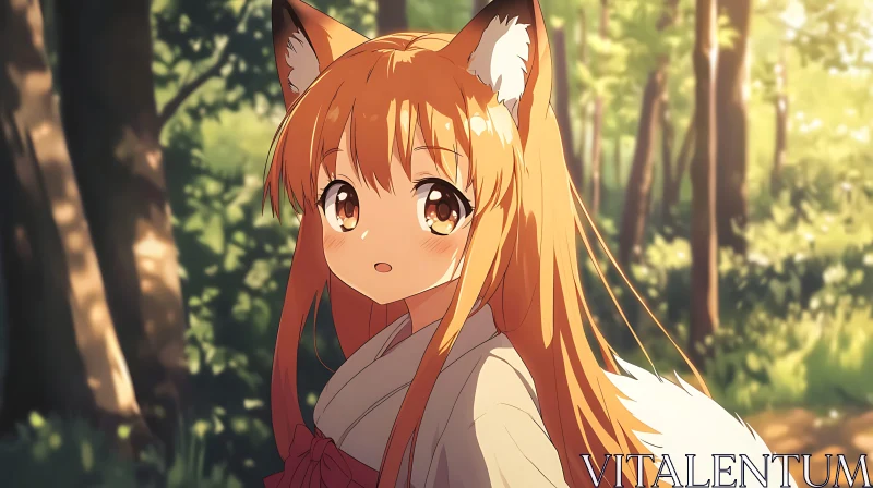 Fox-Eared Anime Girl in Serene Forest Setting AI Image