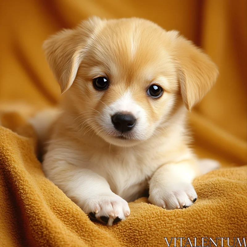 Cute Furry Puppy on a Soft Yellow Blanket AI Image