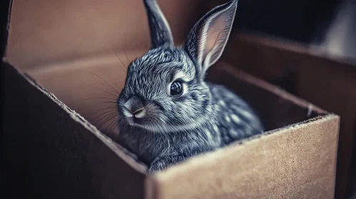 Grey Rabbit in Cardboard Box