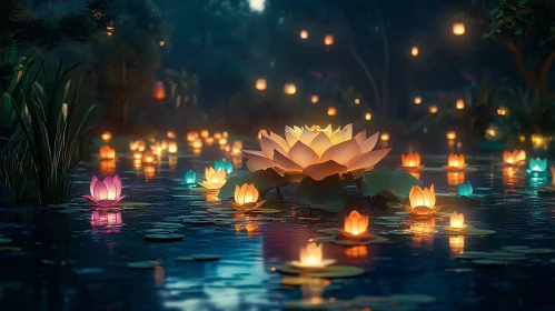 Magical Evening at a Pond with Illuminated Water Lilies