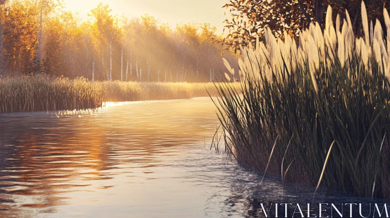 Peaceful River with Sunlit Reeds and Autumn Trees AI Image