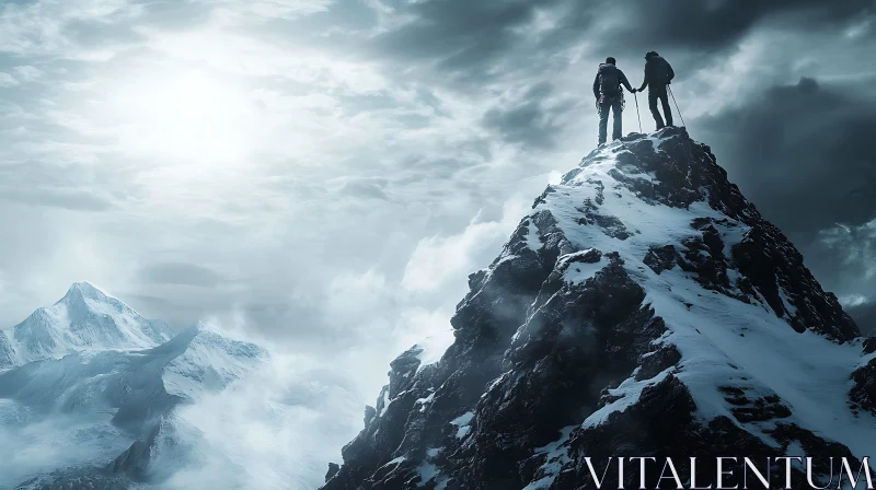 Summit Achieved: Hikers on Snowy Mountain AI Image