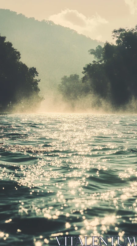 Serene Lake with Sunlit Water and Mist AI Image