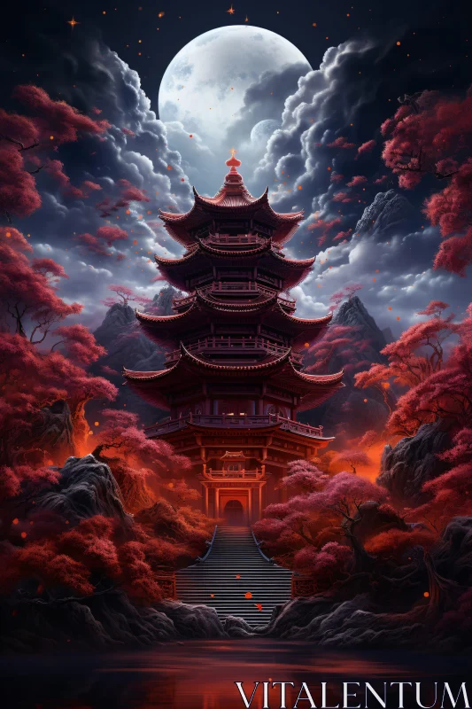 Mystical Night: Pagoda and Red Trees AI Image